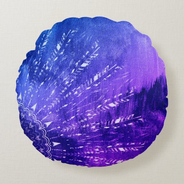 Blue Purple Mandala Clouds Boho Bohemian Throw Pil Round Cushion (Front)