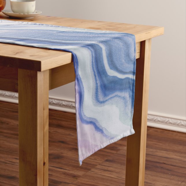 Blue purple marble paint short table runner (In Situ)