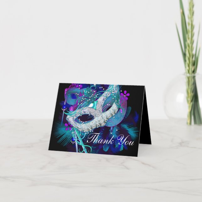 Blue & Purple Masks Masquerade Thank You Card (Front)