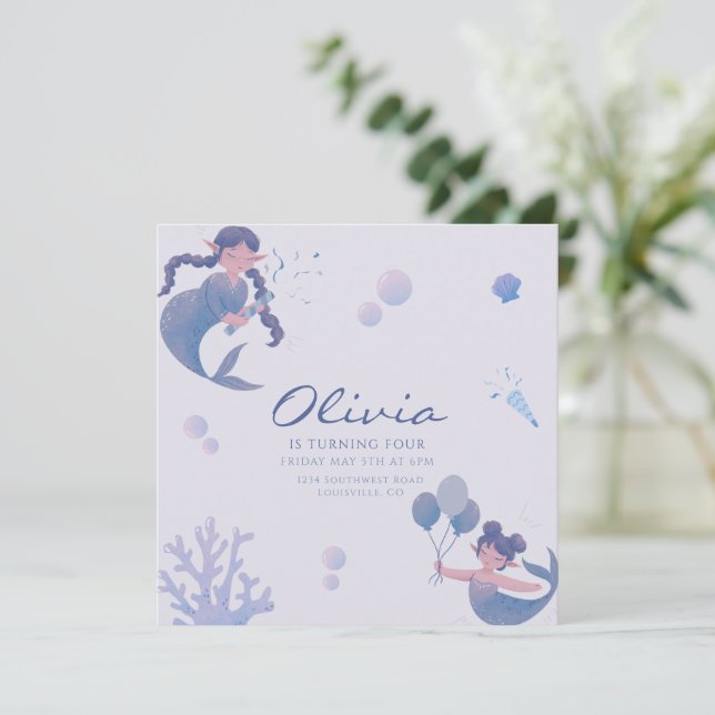 Blue Purple Mermaid Tail Under the Sea Birthday  Invitation (Standing Front)