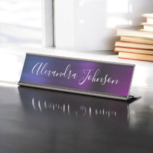 Blue Purple Metallic Foil Modern Elegant Business Desk Name Plate