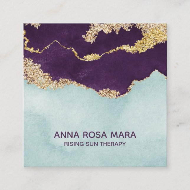 *~* Blue Purple Mint Gold Glitter Agate Geode Square Business Card (Front)