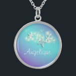 Blue purple name beach starfish sterling silver necklace<br><div class="desc">An Elegant, classy and stylish design of small starfish drifting along a stream of bubbles set against a soft, pastel "lilac purple" and lavender coloured background. CUSTOMIZE IT - Change the wording to suit your special birthday, engagement or anniversary party; and feel free to add or delete templates by using...</div>