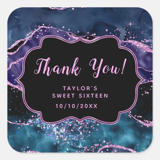 Blue Purple Ocean Agate Sweet Sixteen Thank You Square Sticker (Front)