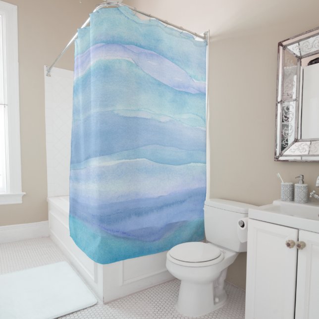 Blue Purple Ocean Layers Watercolor Pattern Shower Curtain (In Situ)
