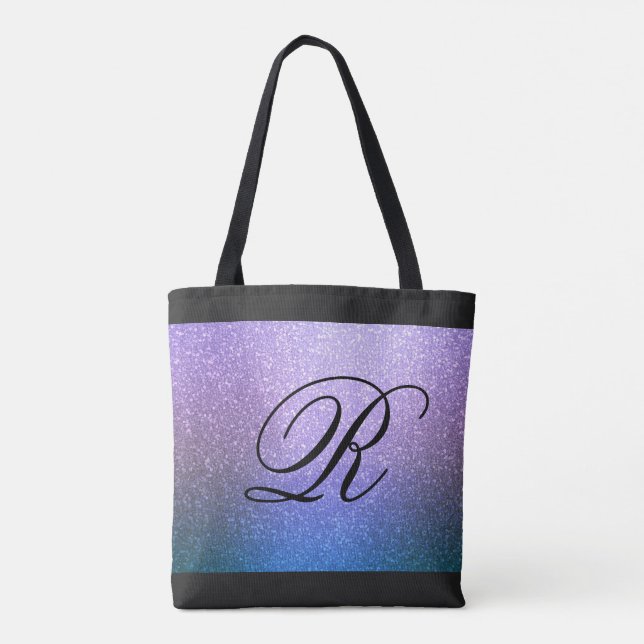 Blue Purple Ombre Glitter Design with Monogram Tote Bag (Back)