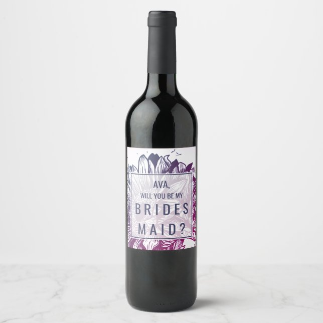 Blue & Purple Ombre Sunflowers Bridesmaid Proposal Wine Label (Front)
