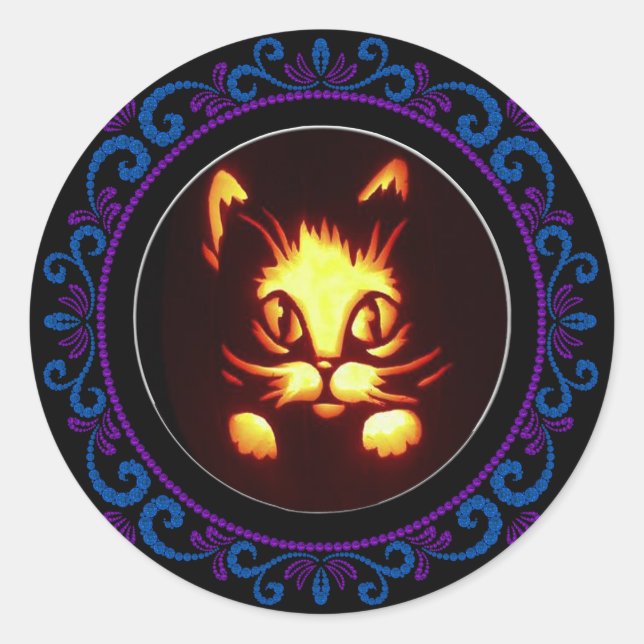 Blue Purple Orange Glowing Halloween Cat Classic Round Sticker (Front)