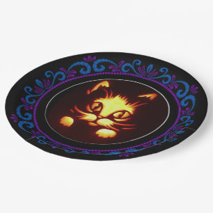 Blue Purple Orange Glowing Halloween Cat Paper Plate