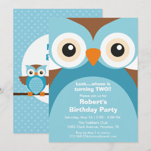 Blue Purple Owl Birthday Party Invitation