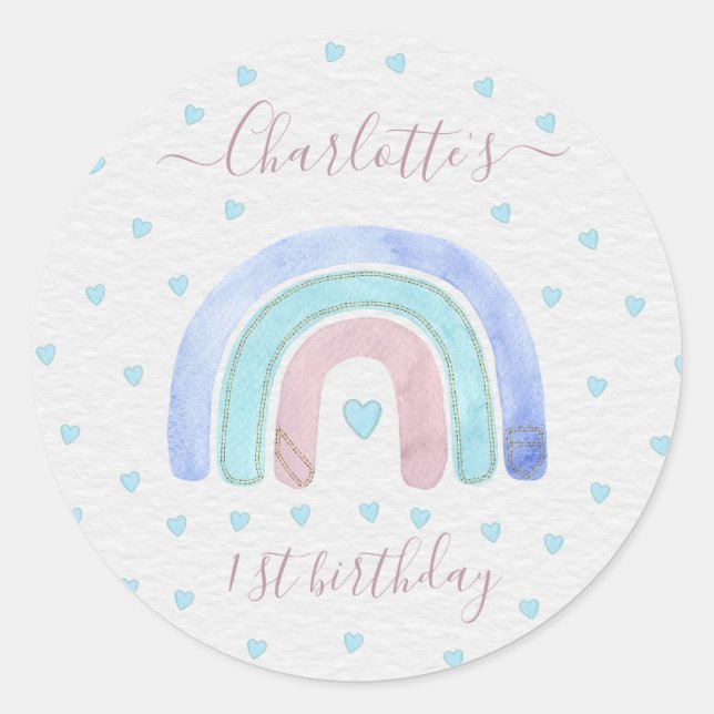 Blue Purple Pastel Rainbow First Birthday Classic Round Sticker (Front)