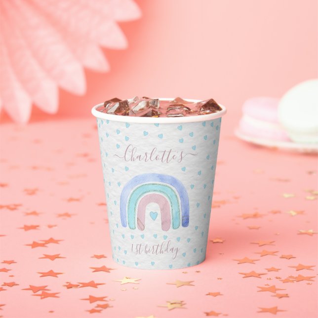 Blue Purple Pastel Rainbow First Birthday Paper Cups (Insitu)