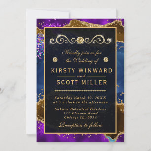 Blue & Purple Peacock Agate & gold glitter Wedding Invitation