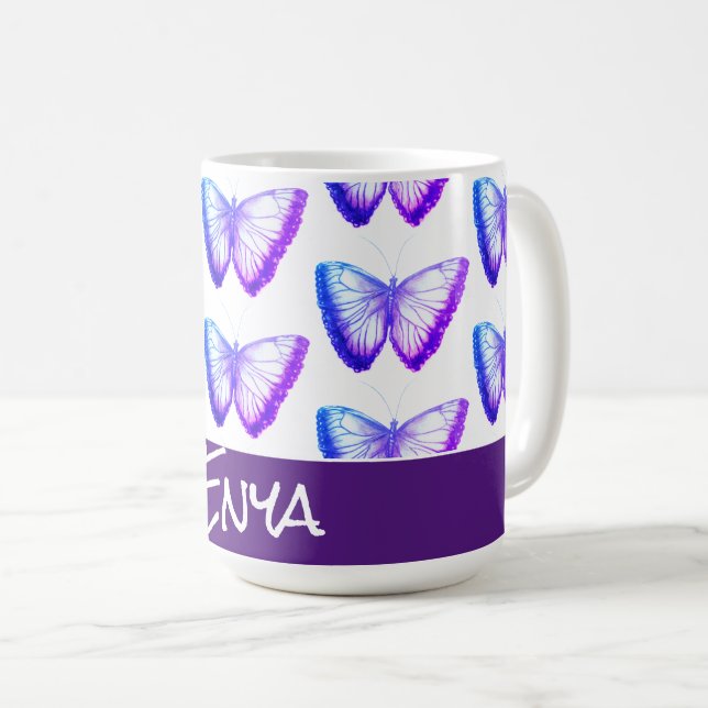 Blue purple personalised cute butterflies coffee mug (Front Right)