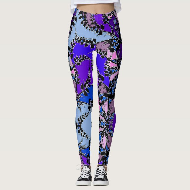 Blue Purple Pink Black Leaves Abstract Leggings (Front)