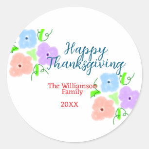 Blue purple pink happy thanksgiving add family n classic round sticker