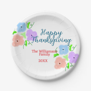 Blue purple pink happy thanksgiving add family n paper plate