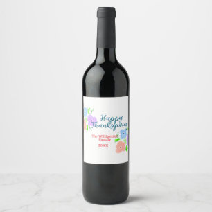 Blue purple pink happy thanksgiving add family n wine label