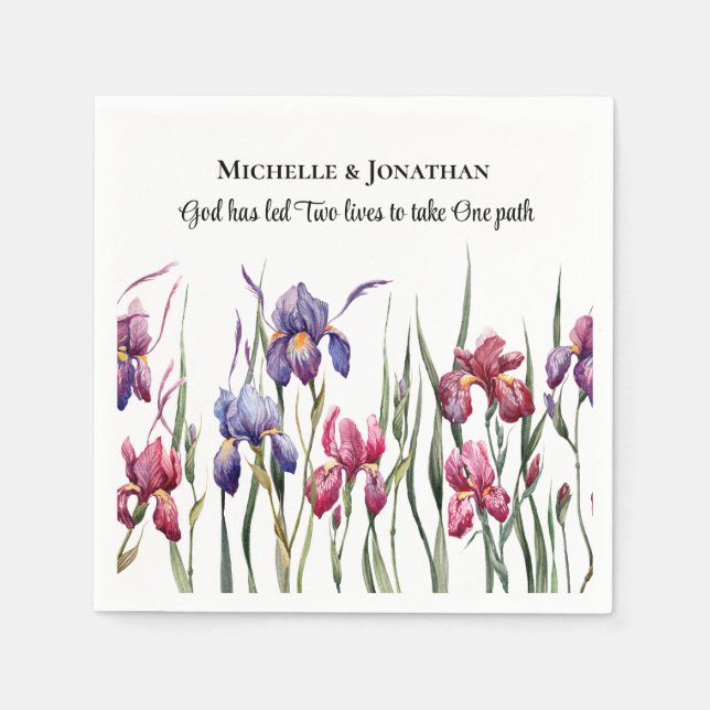 Blue Purple Pink Iris Floral Inspirational Wedding Napkin (Front)