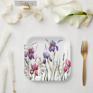 Blue Purple Pink Iris Flowers Watercolor Garden Paper Plate