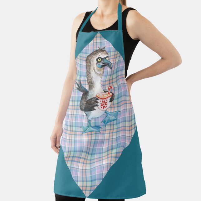 Blue Purple Pink Plaid Cheeky Christmas Penguin Apron (Insitu)