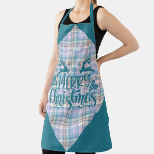 Blue Purple Pink Plaid Merry Christmas Reindeer Apron