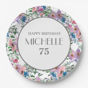 Blue Purple Pink Watercolor Floral 75th Birthday Paper Plate