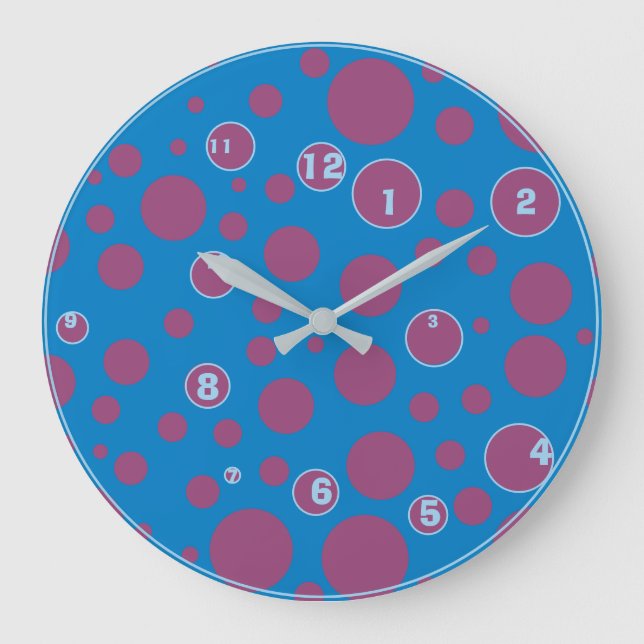 Blue Purple Polka Dots Funky Ball Numbers Quirky Large Clock (Front)