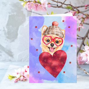 Blue Purple Pomeranian Valentine's Day Gift Dog Card