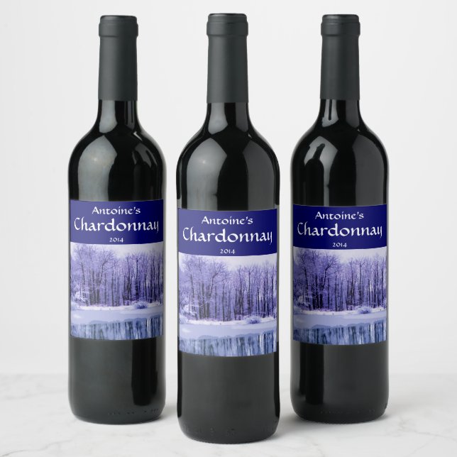Blue Purple Pond and Winter Woods Wine Label (Bottles)