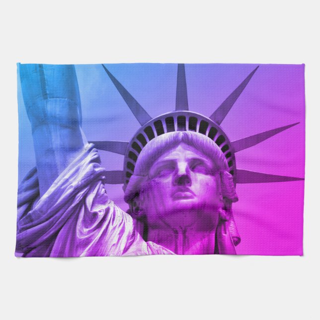 Blue Purple Pop Art Statue of Liberty New York Tea Towel (Horizontal)