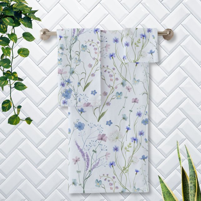 Blue Purple Pretty Wildflower Floral Pattern Bath Towel Set (In situ)