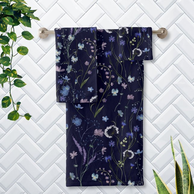 Blue Purple Pretty Wildflower Floral Pattern Bath Towel Set (In situ)