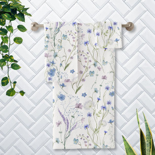 Blue Purple Pretty Wildflower Floral Pattern Bath Towel Set