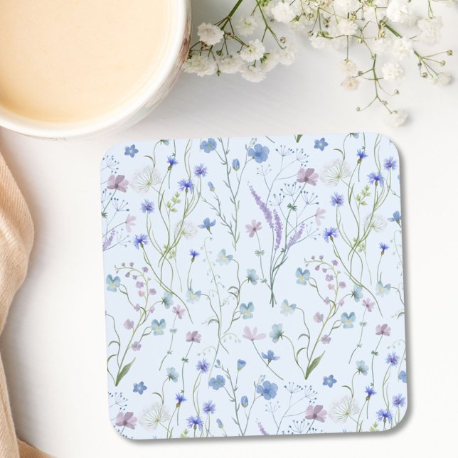 Blue Purple Pretty Wildflower Floral Pattern Coaster (In situ)