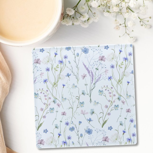 Blue Purple Pretty Wildflower Floral Pattern Glass Coaster (In situ)