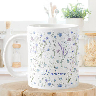 Blue Purple Pretty Wildflower Floral Pattern Large Coffee Mug