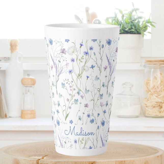 Blue Purple Pretty Wildflower Floral Pattern Latte Mug (In situ)