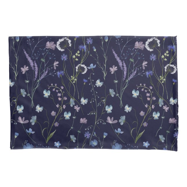 Blue Purple Pretty Wildflower Floral Pattern Pillowcase (Front)