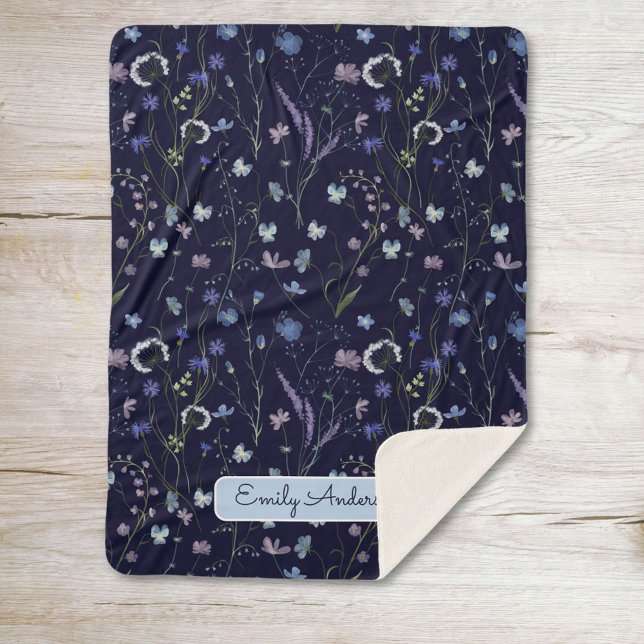 Blue Purple Pretty Wildflower Floral Pattern Sherpa Blanket (In situ)