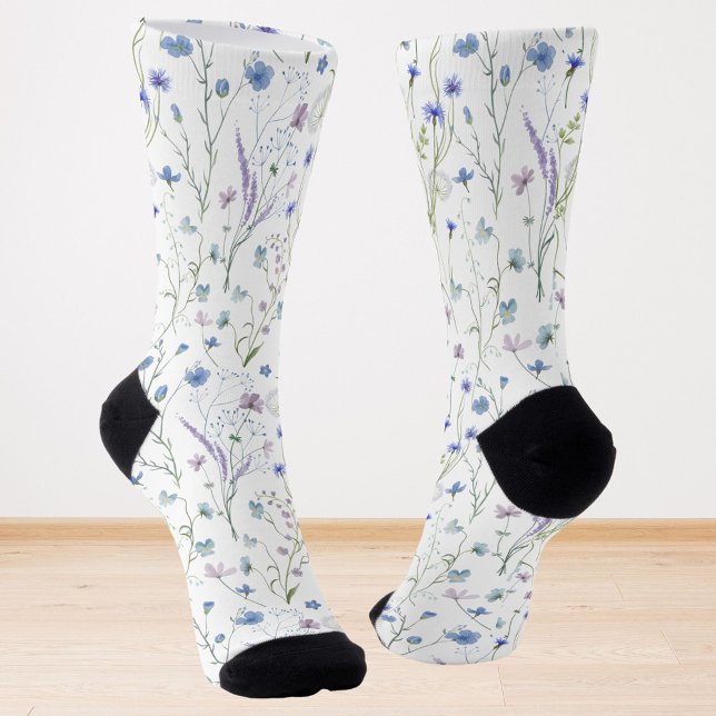 Blue Purple Pretty Wildflower Floral Pattern Socks (In situ)