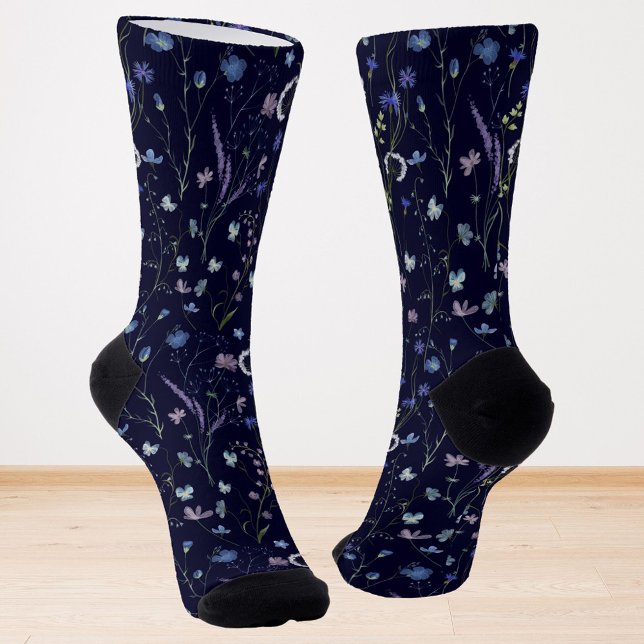 Blue Purple Pretty Wildflower Floral Pattern Socks (In situ)