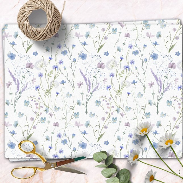 Blue Purple Pretty Wildflower Floral Pattern Tissue Paper (In situ)