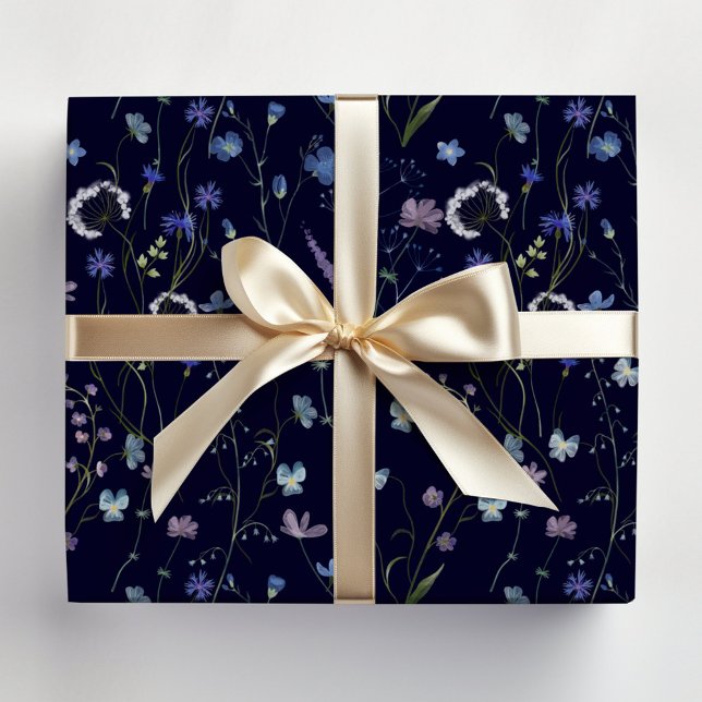 Blue Purple Pretty Wildflower Floral Pattern Wrapping Paper Sheet (In situ)