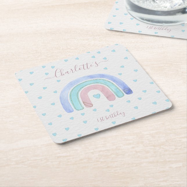 Blue Purple Rainbow First Birthday Square Paper Coaster (Angled)