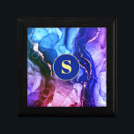 Blue, Purple & Red-Violet Liquid Ink, Monogram Gift Box<br><div class="desc">A trendy Blue,  Purple,  and Red-Violet Liquid Ink design with personalised yellow Monogram in dark blue and gold circle.</div>