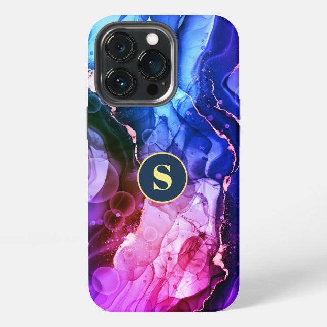 Blue, Purple & Red-Violet Liquid Ink, Monogram iPhone Case (Back)
