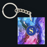Blue, Purple & Red-Violet Liquid Ink, Monogram Key Ring<br><div class="desc">A trendy Blue,  Purple,  and Red-Violet Liquid Ink design with personalised yellow Monogram in dark blue and gold circle.</div>