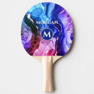 Blue Purple Red-Violet Liquid Ink, Monogram & Name Ping Pong Paddle