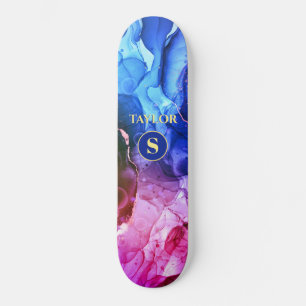 Blue Purple Red-Violet Liquid Ink, Monogram & Name Skateboard